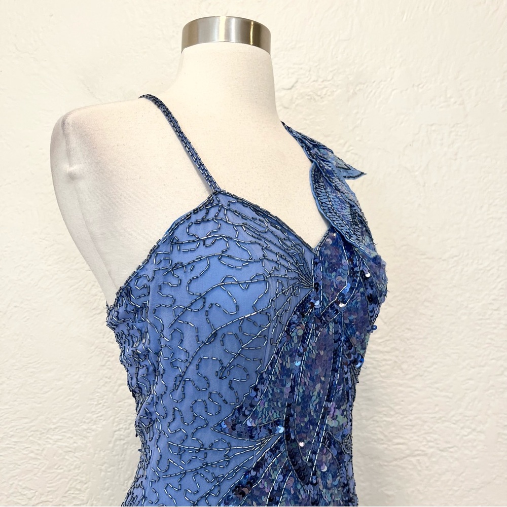 Vintage NiteLine Dress Blue Silk Chiffon Beaded Sequins 70s 80s Party XS S - Picture 5 of 11